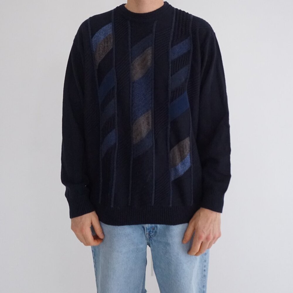 Vintage Klaus Boehler Navy 3D Textured Stripe Fine Knit Biggie Sweater XXL